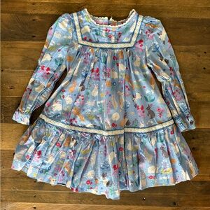 Mini Boden - Lace Trim Woven Dress - Blue Bunnies, 3-4y
